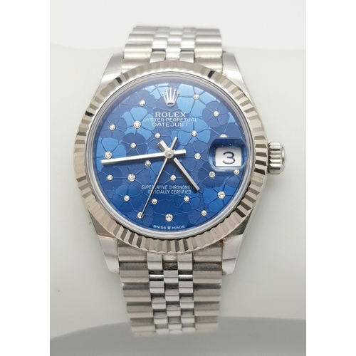 102 - A Beautiful Rolex Datejust Blue Floral Motif (with diamonds) Ladies Watch. Stainless steel bracelet ... 