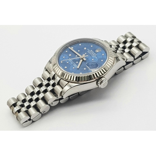 102 - A Beautiful Rolex Datejust Blue Floral Motif (with diamonds) Ladies Watch. Stainless steel bracelet ... 