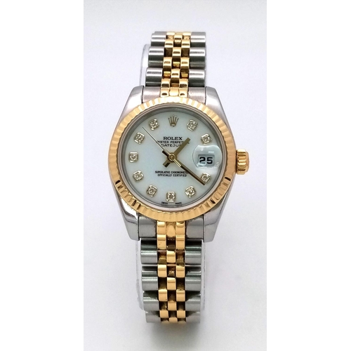 156 - A Rolex Oyster Perpetual Datejust, Diamond Bi-Metal Ladies Watch. 18k gold and stainless steel brace... 