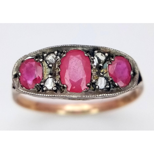 312 - AN 18K (TESTED) YELLOW GOLD & PLATINUM VINTAGE ROSE CUT DIAMOND & RUBY RING. Size N, 1.8g total weig... 