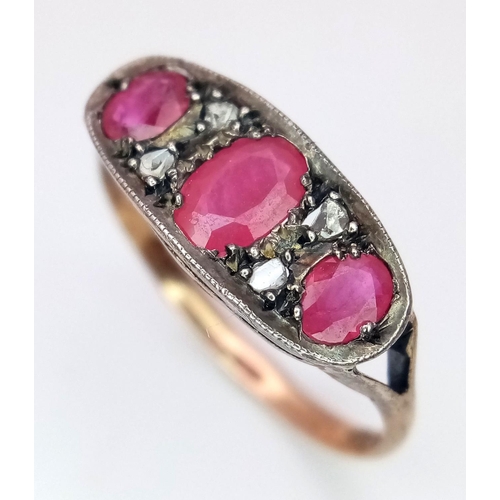 312 - AN 18K (TESTED) YELLOW GOLD & PLATINUM VINTAGE ROSE CUT DIAMOND & RUBY RING. Size N, 1.8g total weig... 