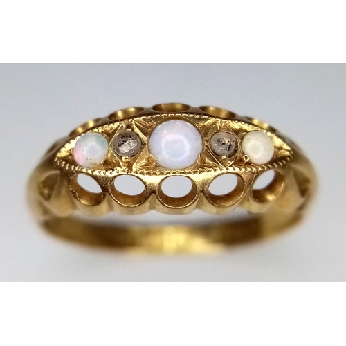 326 - AN ANTIQUE 18K YELLOW GOLD DIAMOND & OPAL 5 STONE RING. Hallmarked Birmingham, 1915. Size N, 2.2g to... 