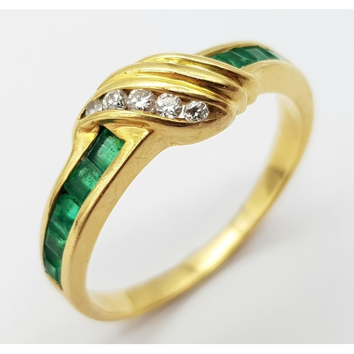 492 - AN 18K YELLOW GOLD DIAMOND & EMERALD RING. Size J, 2.3g total weight. Ref: SC 9052