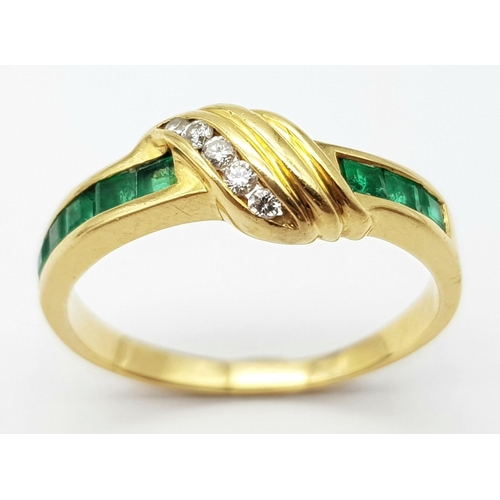 492 - AN 18K YELLOW GOLD DIAMOND & EMERALD RING. Size J, 2.3g total weight. Ref: SC 9052