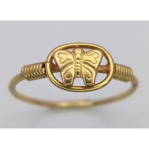 527 - AN 18K (TESTED) YELLOW GOLD BUTTERFLY RING. Size J, 1.3g weight. Ref: SC 9039