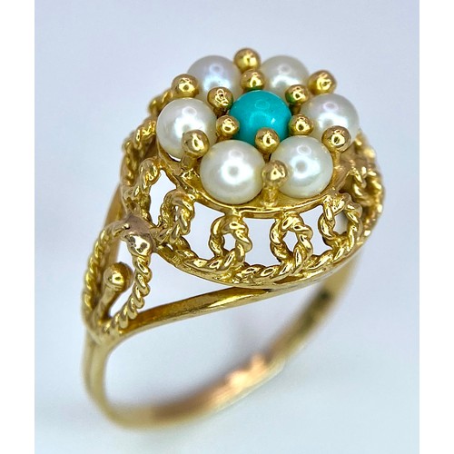 275 - A 14K (TESTED) YELLOW GOLD VINTAGE PEARL & TURQUISE RING. Size K, 2.9g total weight. Ref: SC 9031