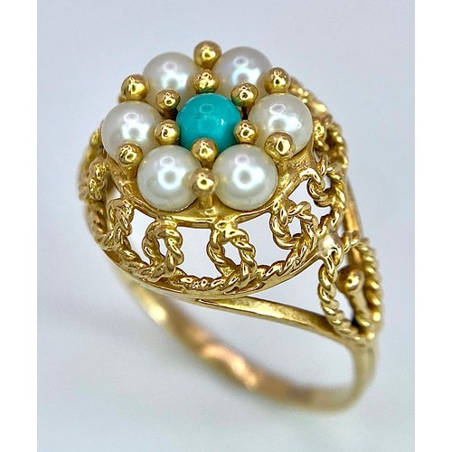 275 - A 14K (TESTED) YELLOW GOLD VINTAGE PEARL & TURQUISE RING. Size K, 2.9g total weight. Ref: SC 9031