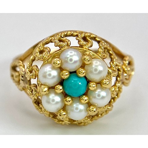 275 - A 14K (TESTED) YELLOW GOLD VINTAGE PEARL & TURQUISE RING. Size K, 2.9g total weight. Ref: SC 9031