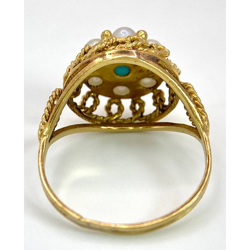 275 - A 14K (TESTED) YELLOW GOLD VINTAGE PEARL & TURQUISE RING. Size K, 2.9g total weight. Ref: SC 9031