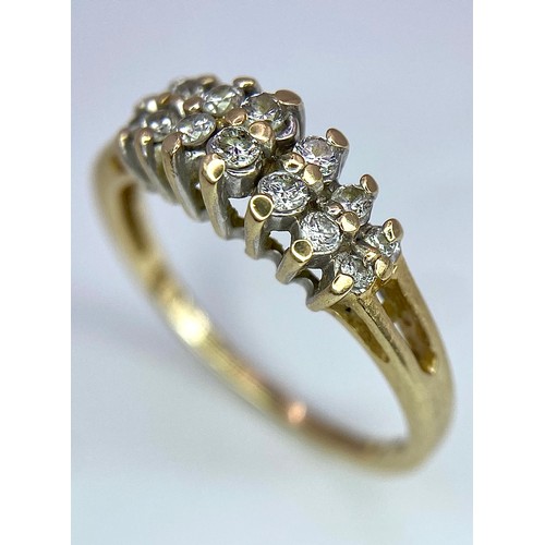 394 - A 14K YELLOW GOLD 2 ROW DIAMOND RING. 0.25ctw, size N, 2.3g total weight. Ref: SC 9029