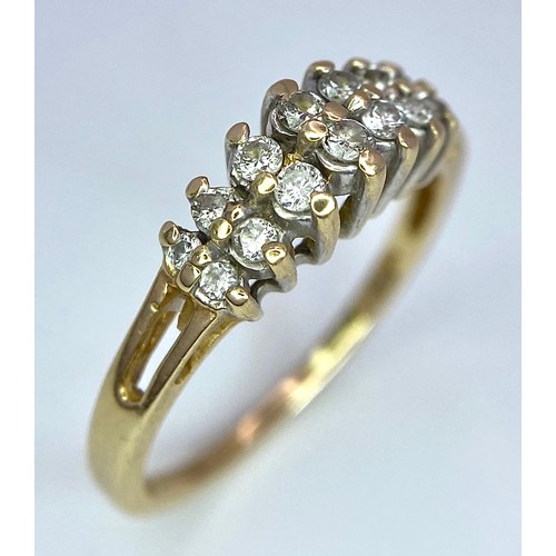 394 - A 14K YELLOW GOLD 2 ROW DIAMOND RING. 0.25ctw, size N, 2.3g total weight. Ref: SC 9029