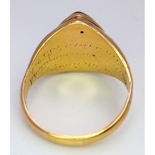 120 - A 18ct Yellow Gold (tested as) Shield Ring, size K1/2, 5g total weight.

ref: 1494I