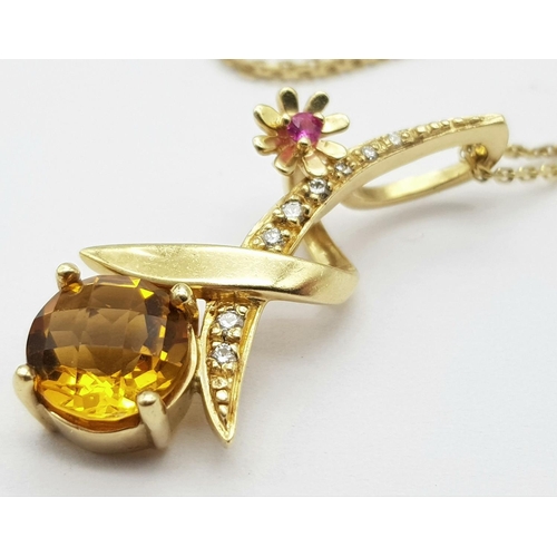 172 - A 14K YELLOW GOLD CITRINE & DIAMOND CROSSOVER PENDANT ON CHAIN 4.7G , 41cm chain length , 27mm x 13m... 