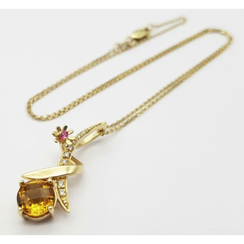 172 - A 14K YELLOW GOLD CITRINE & DIAMOND CROSSOVER PENDANT ON CHAIN 4.7G , 41cm chain length , 27mm x 13m... 