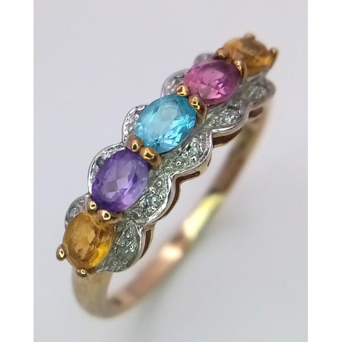 502 - A 9ct yellow gold multi stone ring, featuring diamonds, amethyst, citrine and topaz, size P, 2g.

re... 