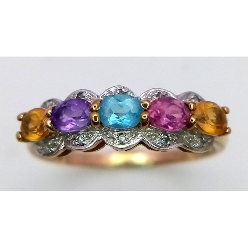 502 - A 9ct yellow gold multi stone ring, featuring diamonds, amethyst, citrine and topaz, size P, 2g.

re... 