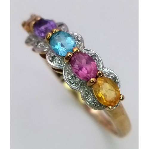 502 - A 9ct yellow gold multi stone ring, featuring diamonds, amethyst, citrine and topaz, size P, 2g.

re... 