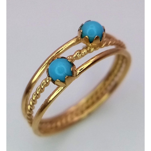 516 - A 16ct Yellow Gold (tested as) Turquoise Band Ring, 4mm turquoise, size I 1/2, 1.6g total weight.

r... 