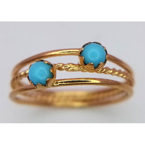 516 - A 16ct Yellow Gold (tested as) Turquoise Band Ring, 4mm turquoise, size I 1/2, 1.6g total weight.

r... 