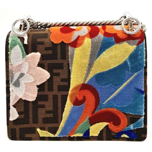 163 - A Fendi Red Vitello Liberty Zucca Floral Kan I Crossbody Bag. Leather, canvas and carpet embroidery ... 