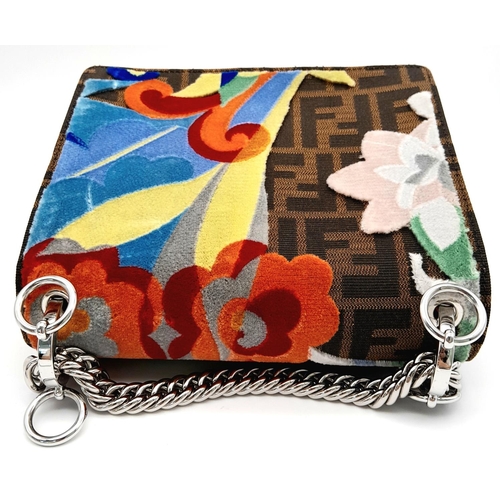 163 - A Fendi Red Vitello Liberty Zucca Floral Kan I Crossbody Bag. Leather, canvas and carpet embroidery ... 