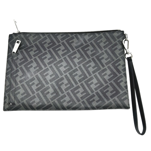 170 - A Fendi Black, Grey and Yellow Diagonal Men's Clutch/Pouch. Leather and canvas exterior with silver-... 