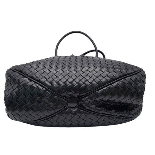 198 - A Bottega Veneta Black Bag. Intrecciato leather exterior with two rolled leather handles. Beige text... 