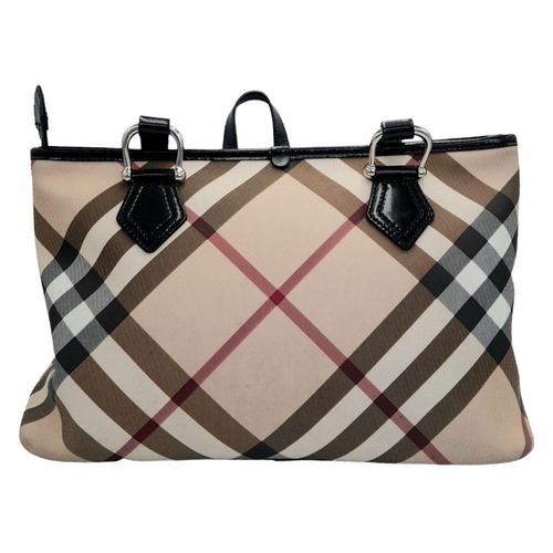 229 - A Burberry Beige Check Nova Bag. Coated canvas exterior with leather trim, two leather straps, silve... 