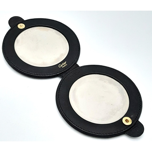 485 - A vintage, CARTIER PANTHER double vanity mirror in a soft black leather cover, diameter: 9 cm. Ref: ... 