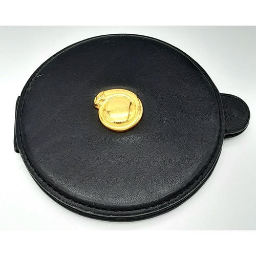 485 - A vintage, CARTIER PANTHER double vanity mirror in a soft black leather cover, diameter: 9 cm. Ref: ... 