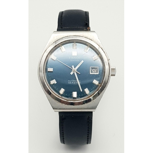 486 - A Vintage Tissot Automatic Gents Watch. Black leather strap. Stainless steel case - 37mm. Blue dial ... 