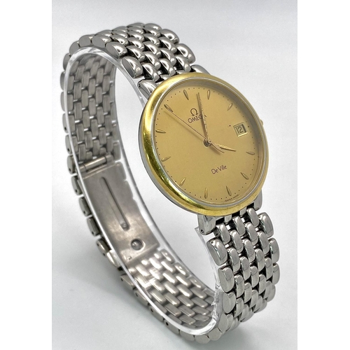 60 - A Vintage Omega Deville Quartz Gents Watch. Stainless steel bracelet and gilded case - 33mm. Gilded ... 