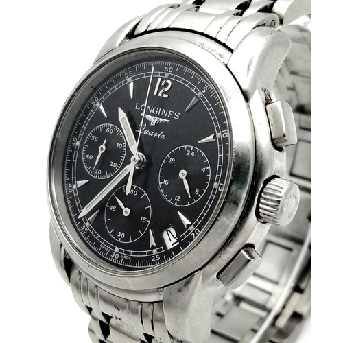 479 - A Longine Quartz Chronograph Gents Watch. Stainless steel bracelet and case - 39mm. Black dial with ... 