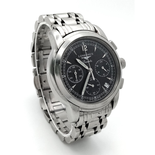 479 - A Longine Quartz Chronograph Gents Watch. Stainless steel bracelet and case - 39mm. Black dial with ... 