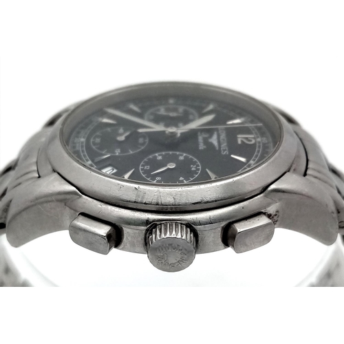 479 - A Longine Quartz Chronograph Gents Watch. Stainless steel bracelet and case - 39mm. Black dial with ... 