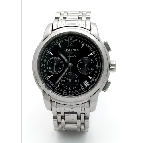 479 - A Longine Quartz Chronograph Gents Watch. Stainless steel bracelet and case - 39mm. Black dial with ... 