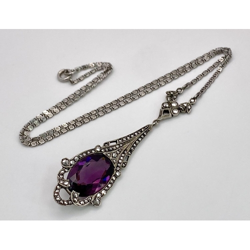 548 - An Art Deco Silver, Marcasite and Purple Stone Necklace and Earring Set. Necklace and pendant - 40 a... 