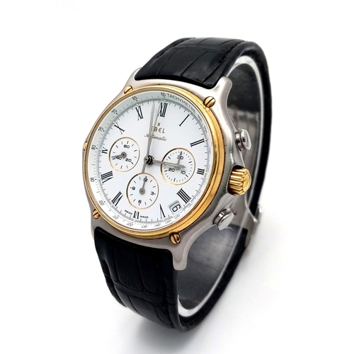 67 - An Ebel Automatic Chronograph Gents Watch. Black leather strap. Two tone case - 38mm. White dial wit... 