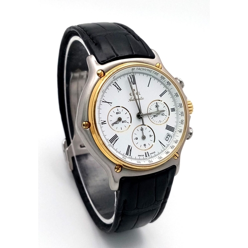 67 - An Ebel Automatic Chronograph Gents Watch. Black leather strap. Two tone case - 38mm. White dial wit... 