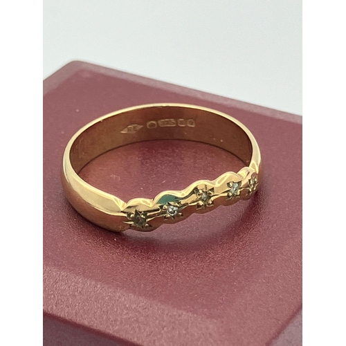 111 - 9 carat GOLD and DIAMOND WISHBONE RING . Having attractive serpentine top, set with five Diamond det... 