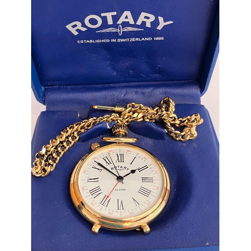 237 - ROTARY POCKET WATCH with ALARM. Finished in Gold Tone with matching Chain. Complete with original ca... 