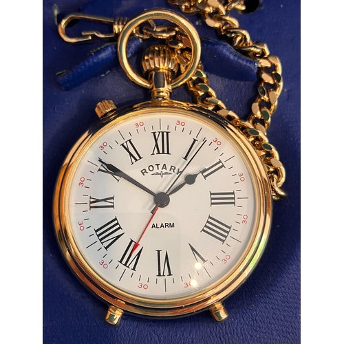 237 - ROTARY POCKET WATCH with ALARM. Finished in Gold Tone with matching Chain. Complete with original ca... 