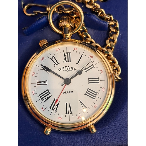 237 - ROTARY POCKET WATCH with ALARM. Finished in Gold Tone with matching Chain. Complete with original ca... 