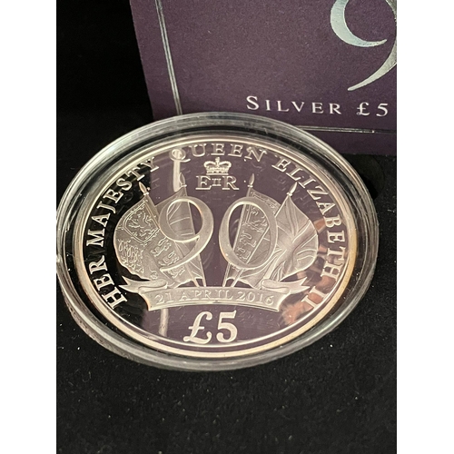 315 - SILVER PROOF £5 COIN issued in 2016 to mark Queen Elizabeth’s 90th birthday. Complete with original ... 