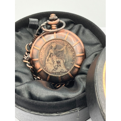 546 - Collectors Penny Pocket Watch, having genuine 1918 PENNY COIN mounted to front of Watch Case. Dark b... 