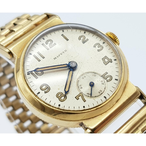 185 - A Vintage (1950s) Mappin and Webb 9K Gold Watch. 9K gold bracelet and case - 28mm. Patinated dial wi... 