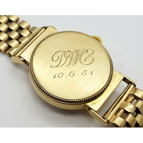 185 - A Vintage (1950s) Mappin and Webb 9K Gold Watch. 9K gold bracelet and case - 28mm. Patinated dial wi... 