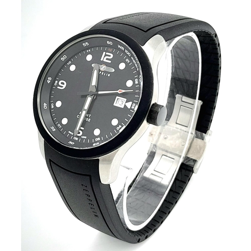 493 - A Zeppelin Night Cruise Quartz Gents Watch. Black rubber strap. Stainless steel case - 42mm. Black d... 