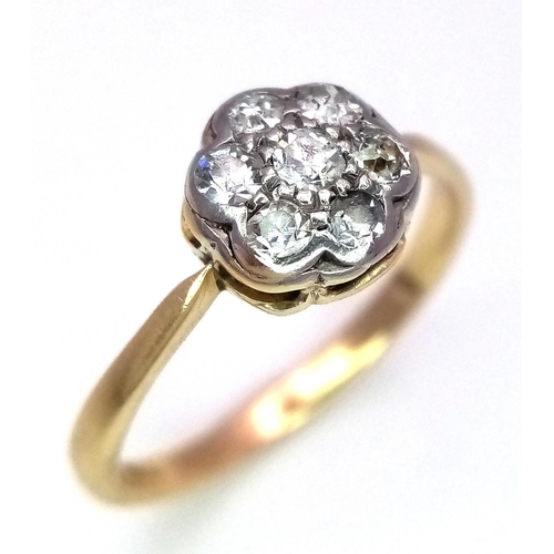 499 - AN 18K YELLOW GOLD & PLATINUM VINTAGE OLD CUT DIAMOND CLUSTER RING. 0.25ctw, size M, 2g total weight... 