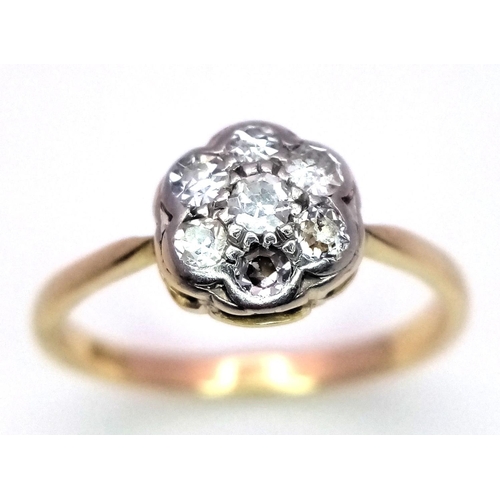 499 - AN 18K YELLOW GOLD & PLATINUM VINTAGE OLD CUT DIAMOND CLUSTER RING. 0.25ctw, size M, 2g total weight... 